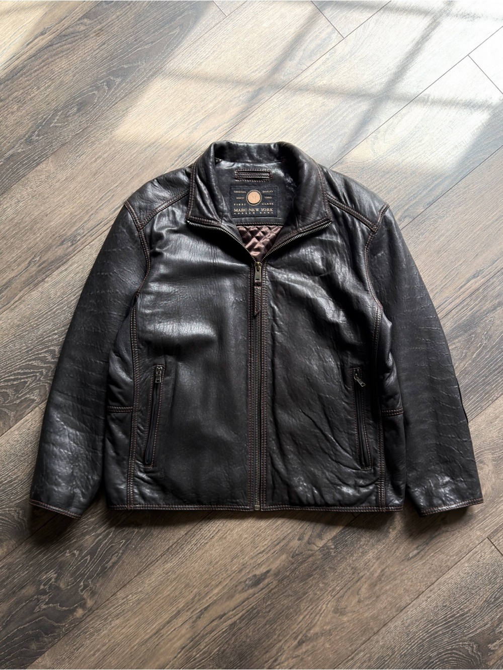 Marc New York Men’s XL Leather Jacket Dark Brown Distressed Quilt Lined Full Zip